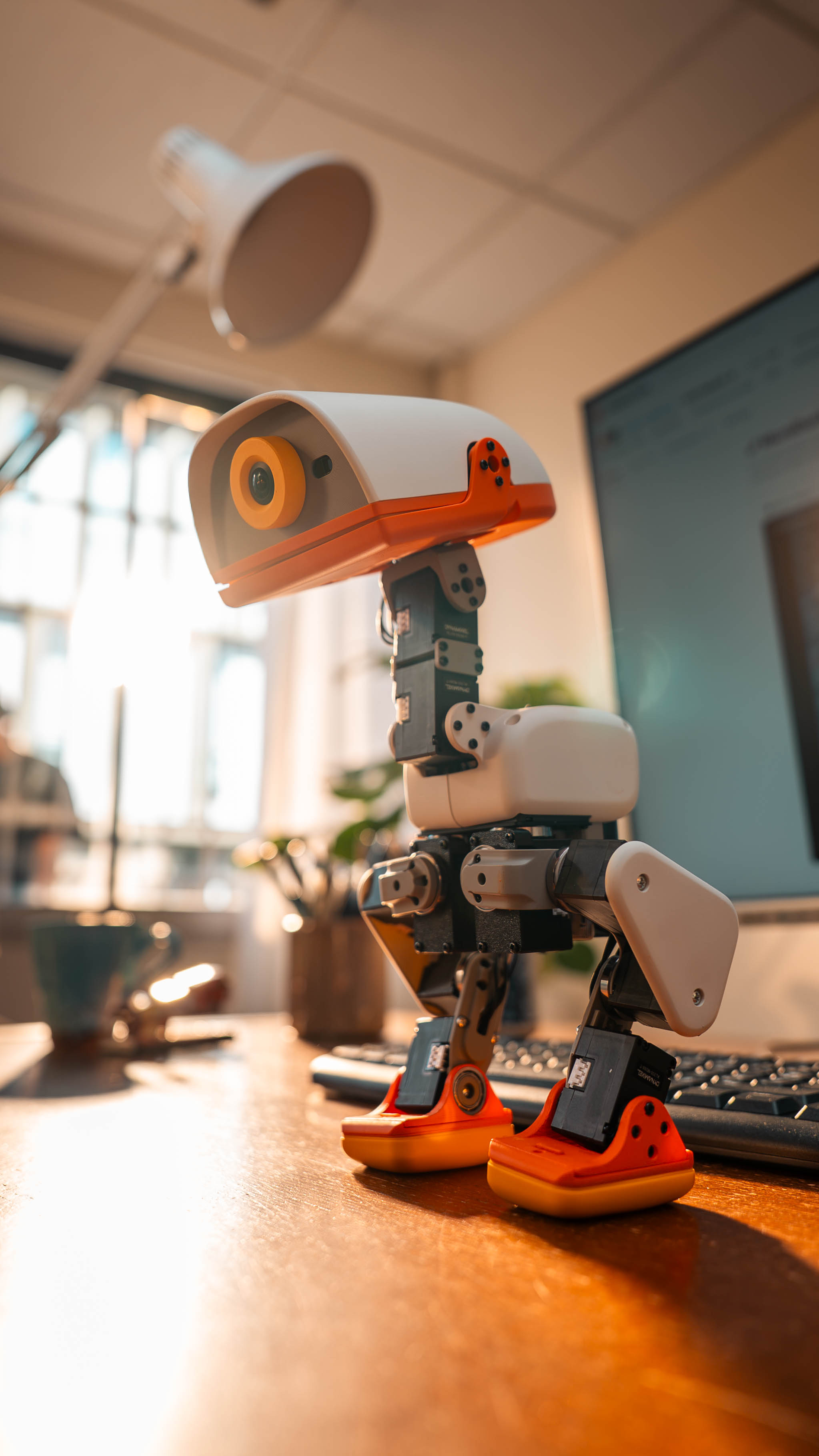 MicroDuck standing on a desk in warm light